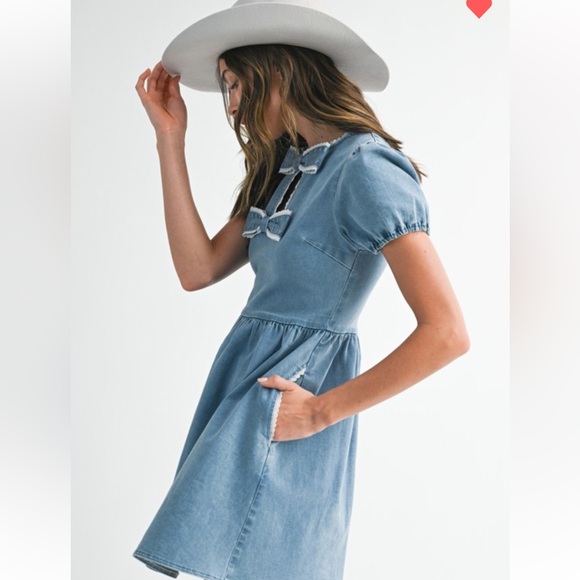 Endless Blu 🦋 Tencell Denim Mini Dress Bow S M L Coquette Cotton - Picture 5 of 13